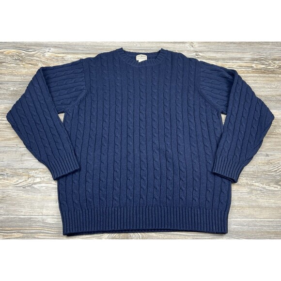 Vintage LL Bean Sweater Mens XL Navy Blue Lambs Wool Aran Fisherman Cable Knit - Picture 1 of 9